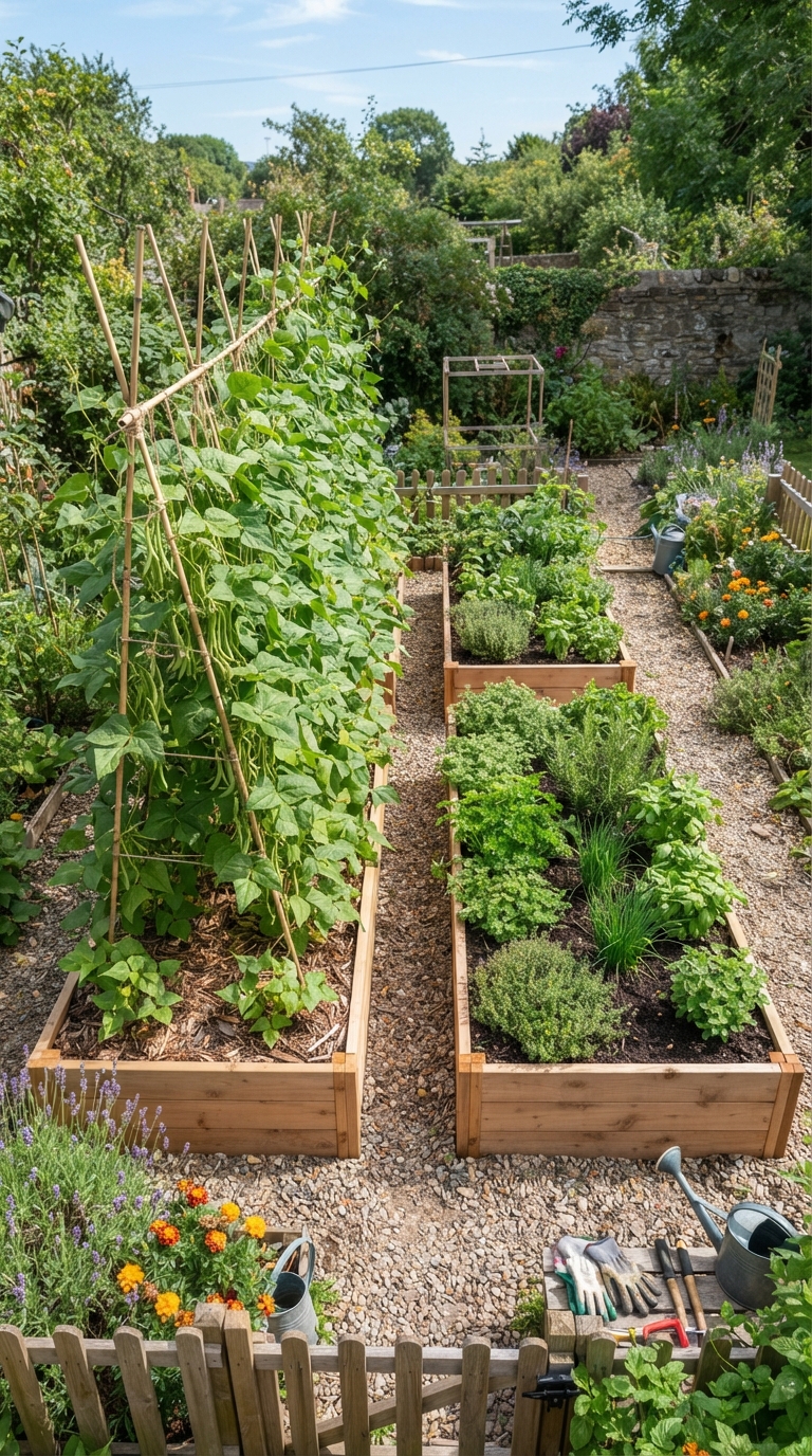 Two raised garden beds showing seasonal crop rotation between beans and herbs