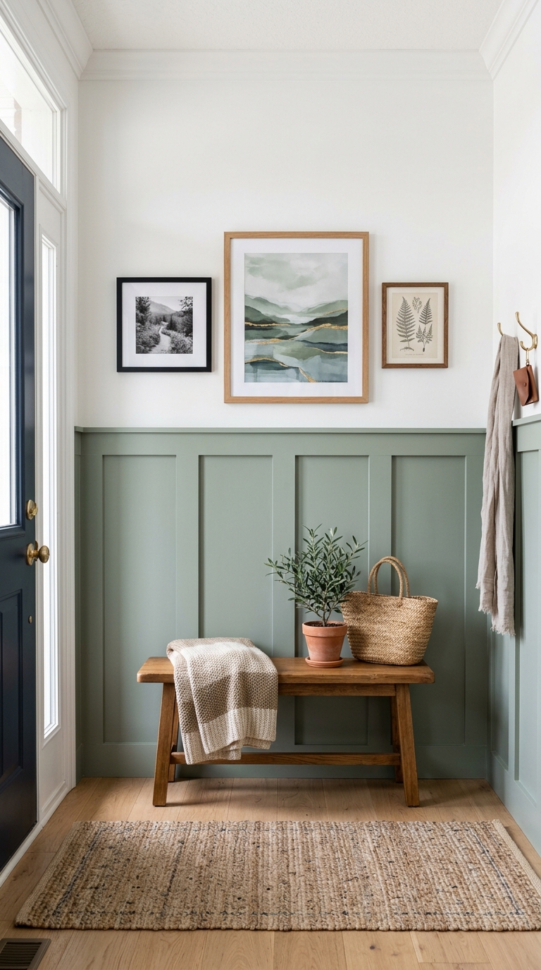 Sage green board and batten paneling on an entryway accent wall