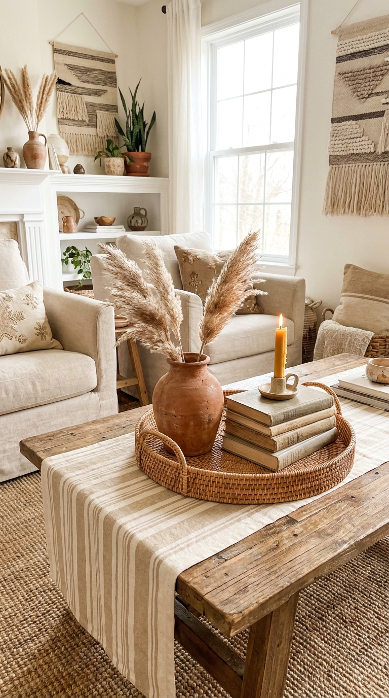 Boho coffee table with woven tray, linen layer, ceramic vase, and dried stems.