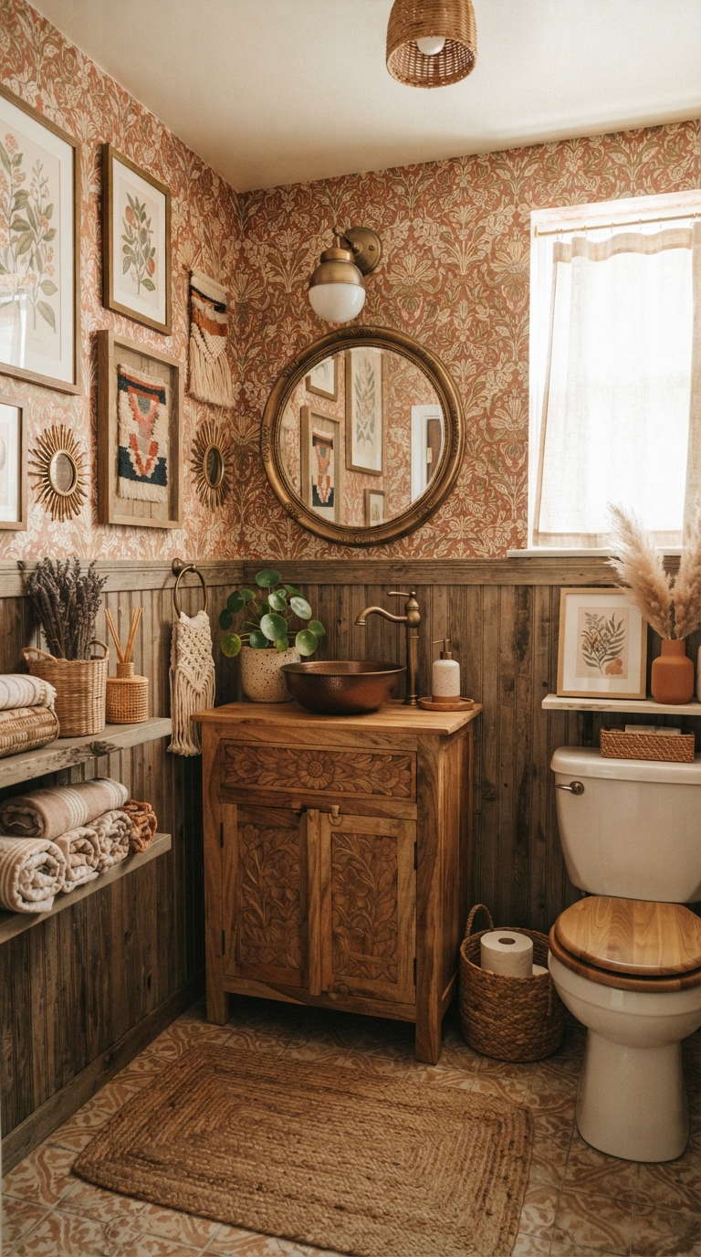 Boho eclectic half bathroom with warm layered textures