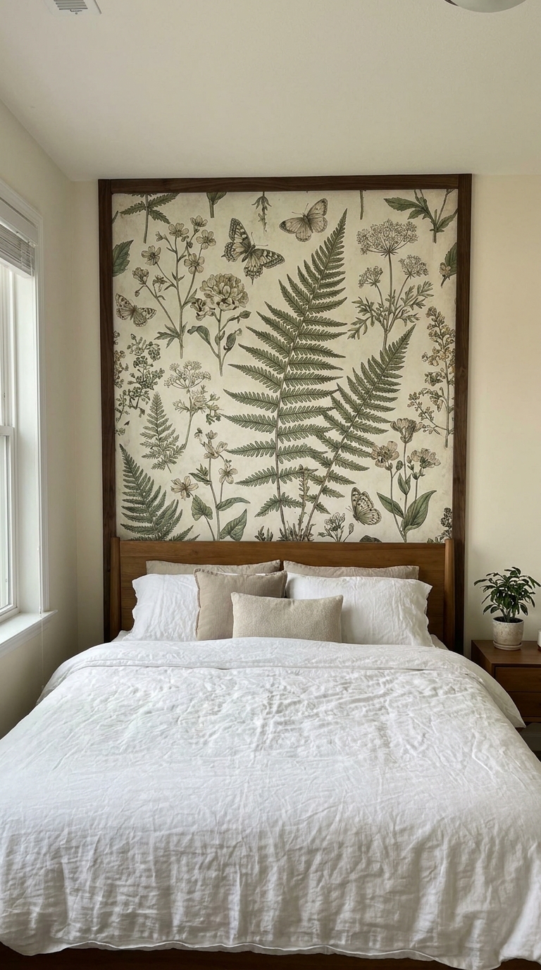 Bedroom with a framed botanical wallpaper panel behind the headboard