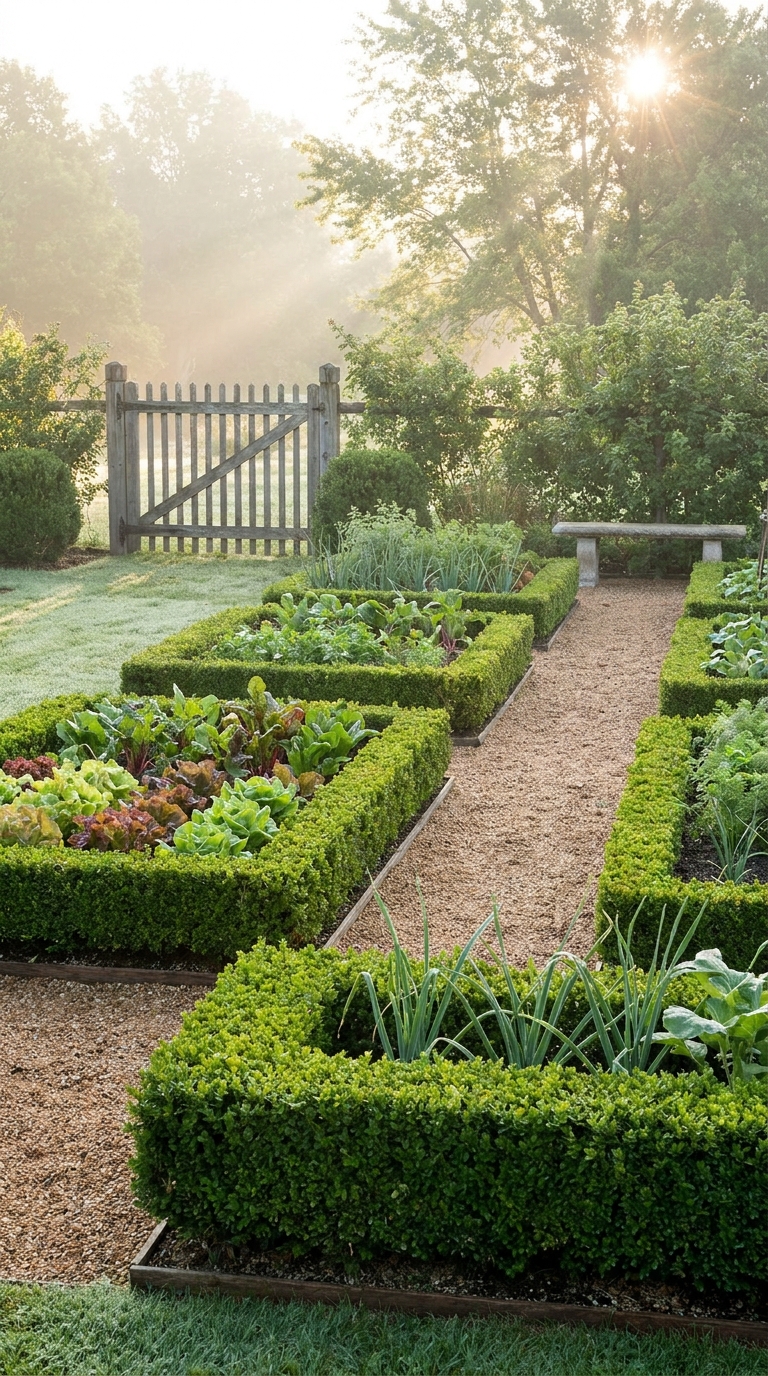 Boxwood-edged raised beds in a formal potager garden
