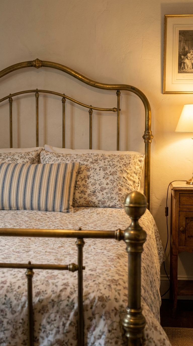 Antique brass bed frame with floral bedding and a striped lumbar pillow