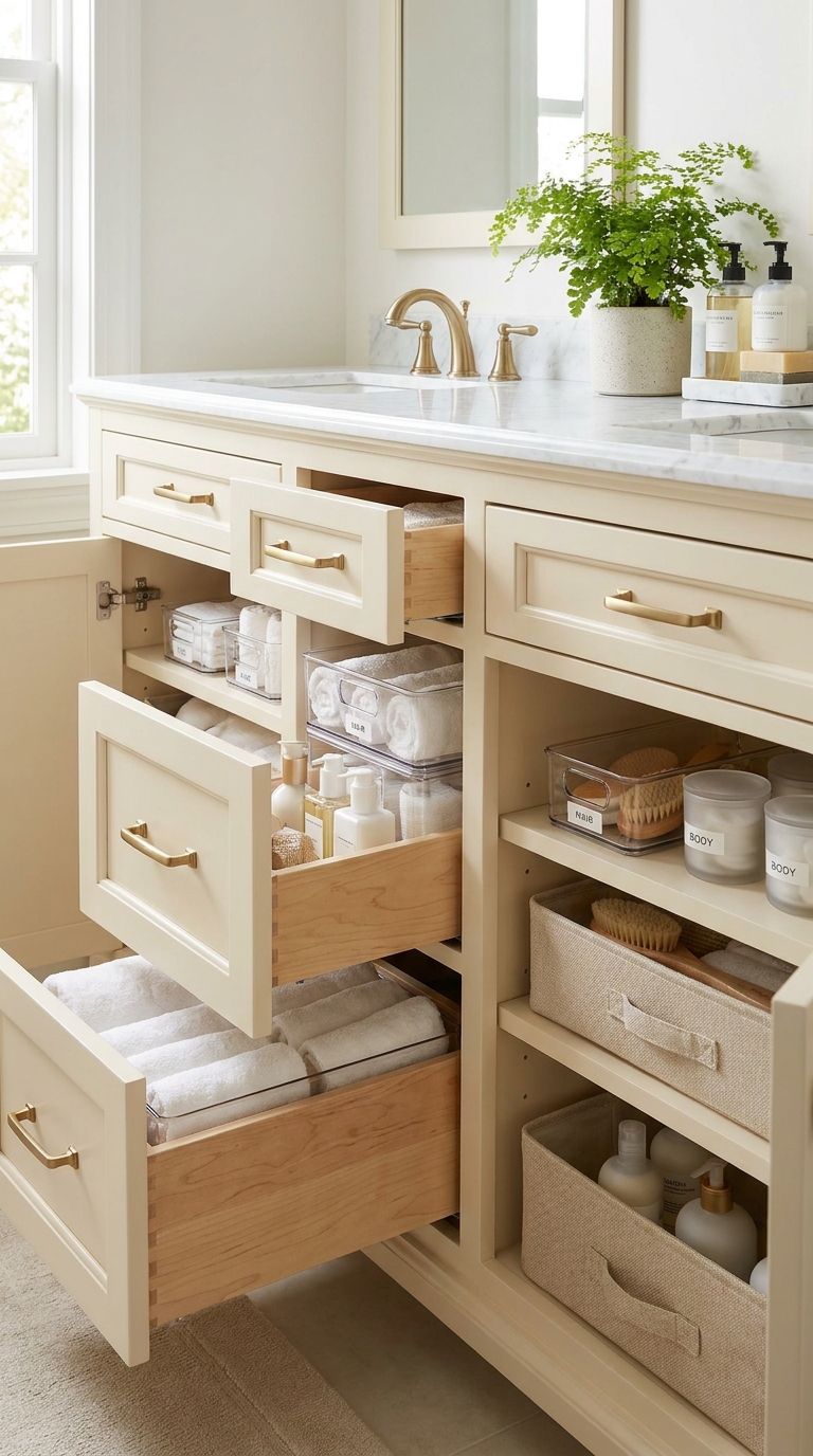 Affordable storage bins creating organized bathroom cabinet zones