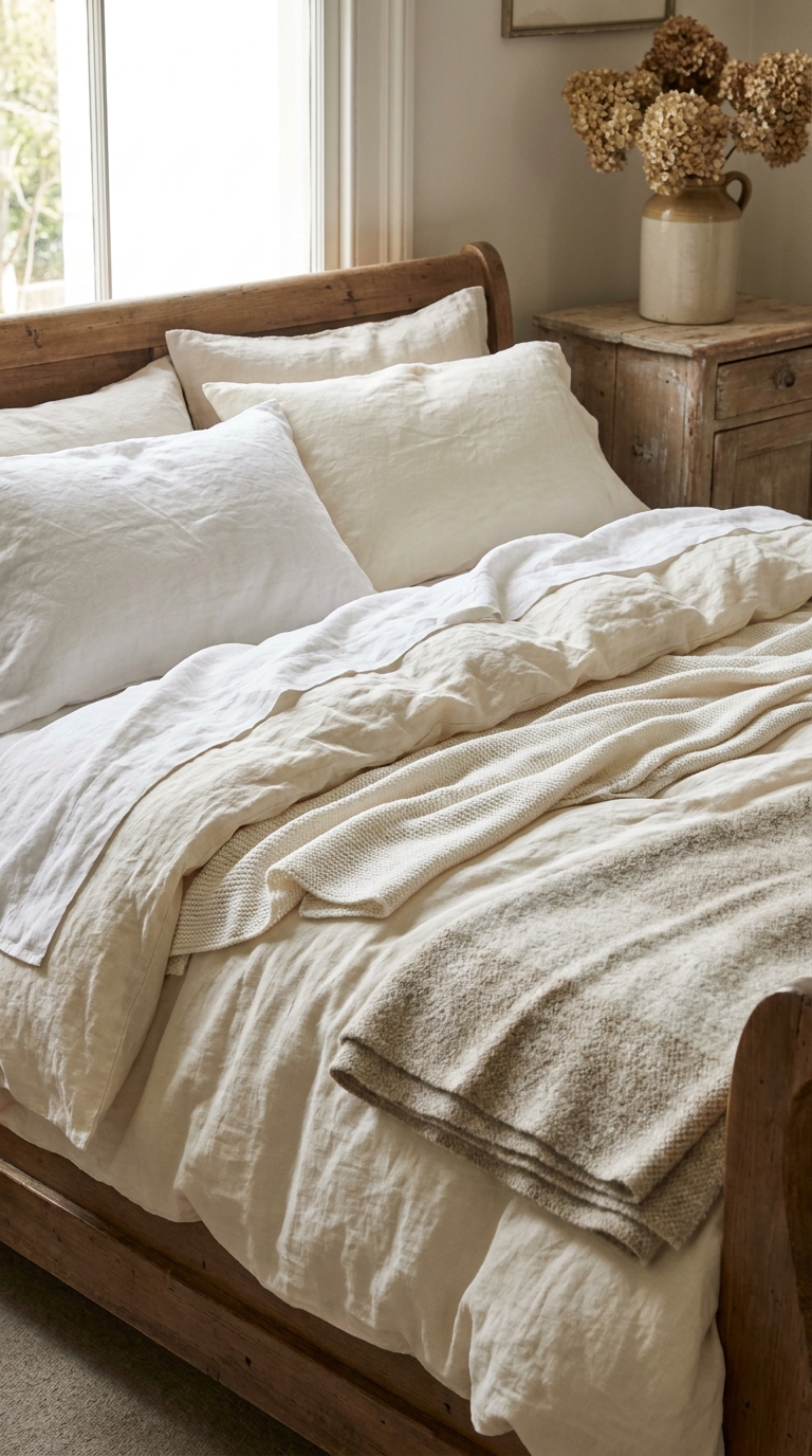 Layered linen bedding in a budget French country bedroom