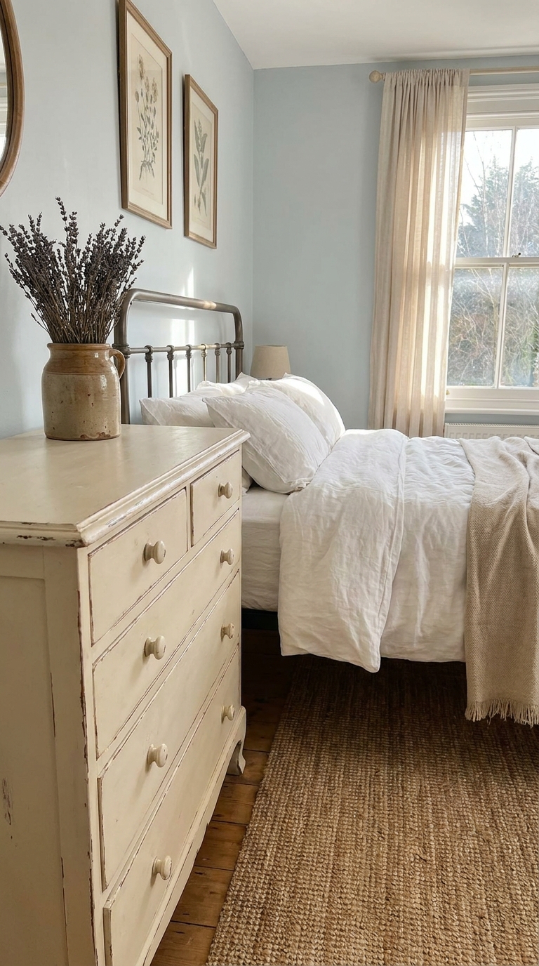 Budget French country bedroom with a hand-painted distressed dresser