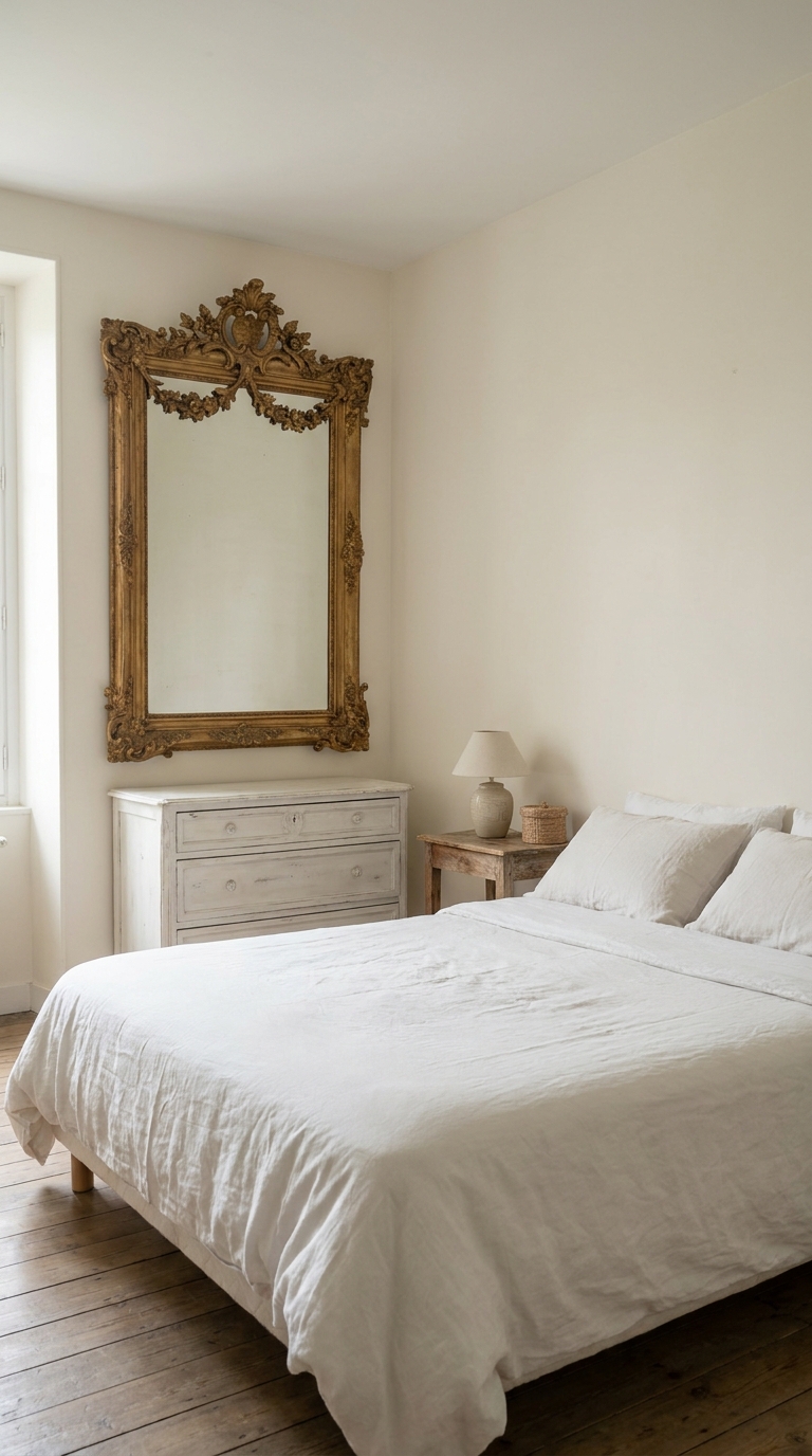 French country bedroom built around one statement carved mirror