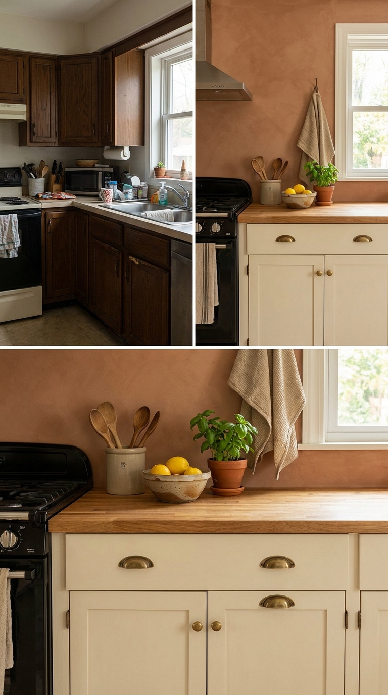 Affordable Italian-inspired kitchen refresh with warm cream cabinets, brass hardware, earthy textiles, and natural styling.