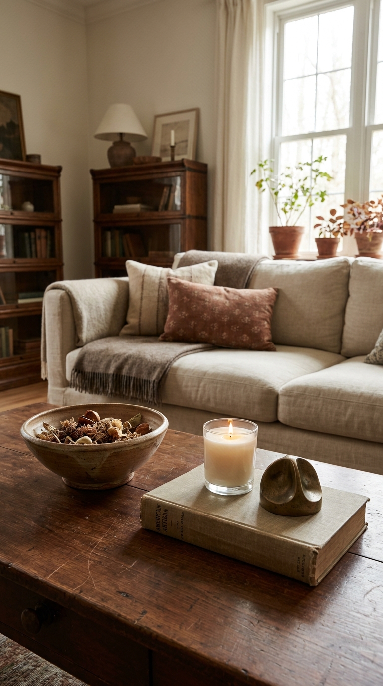 Affordable coffee table styled with thrifted ceramic decor, books, and candle.