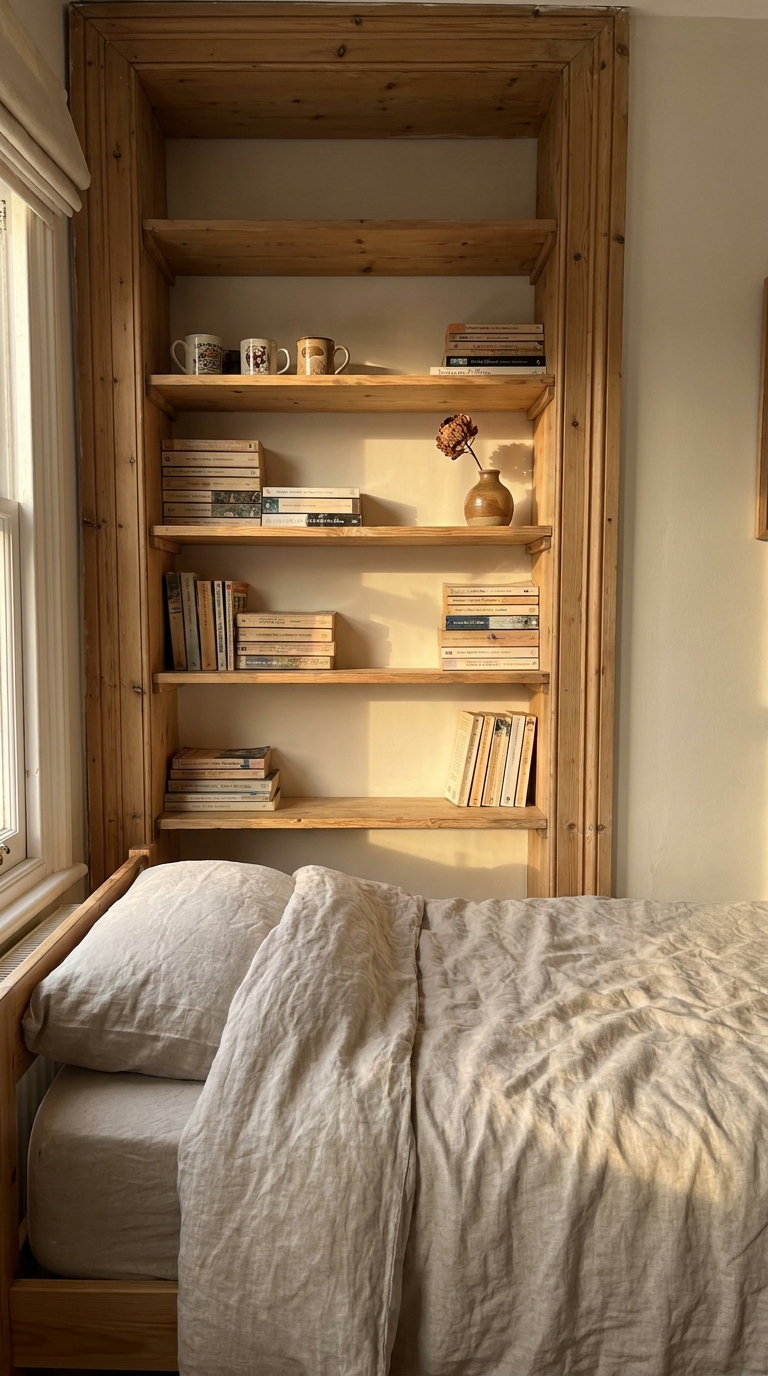 Open wooden shelves beside a bed styled with books and a dried flower in a ceramic vase