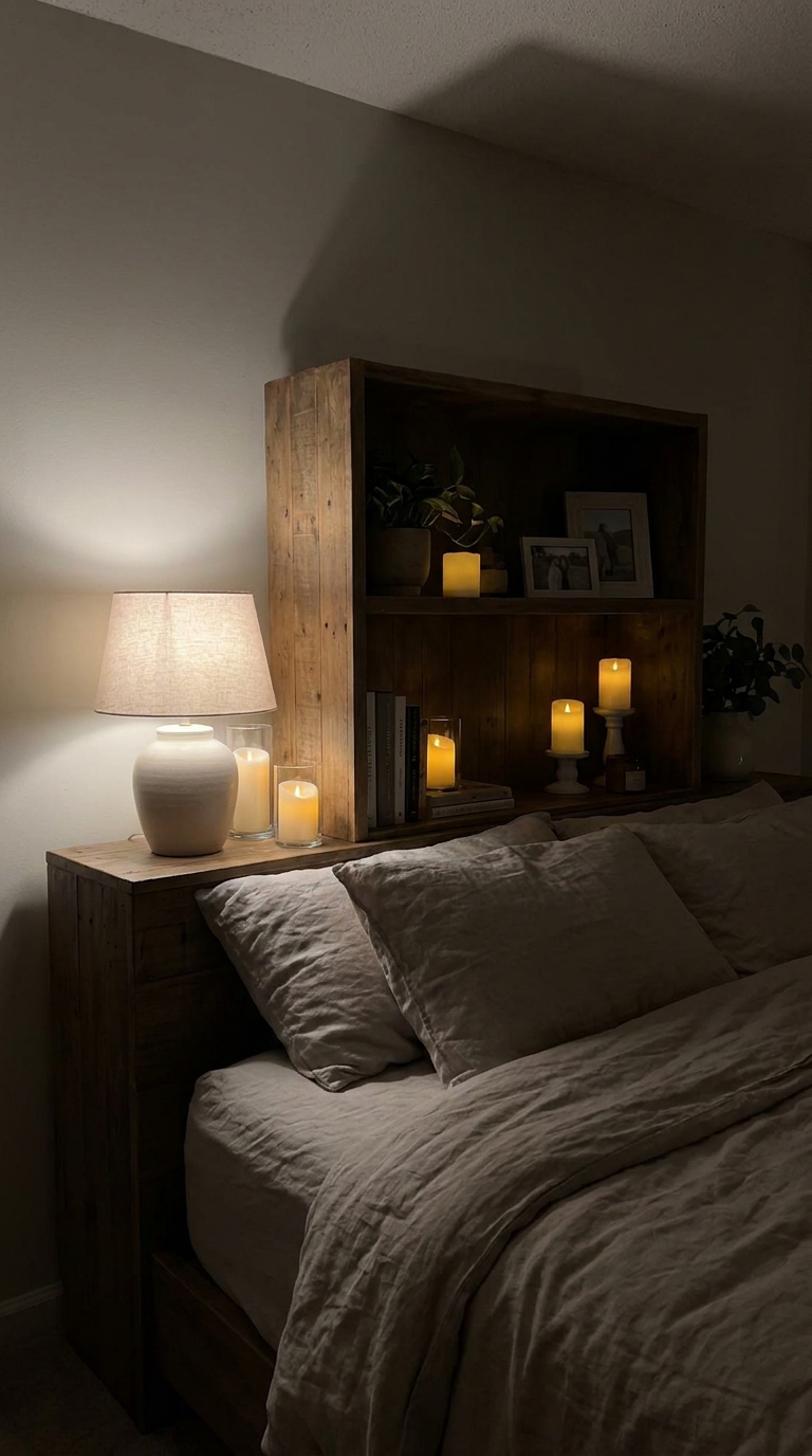 Shelf behind a bed styled with a warm table lamp and flameless candles