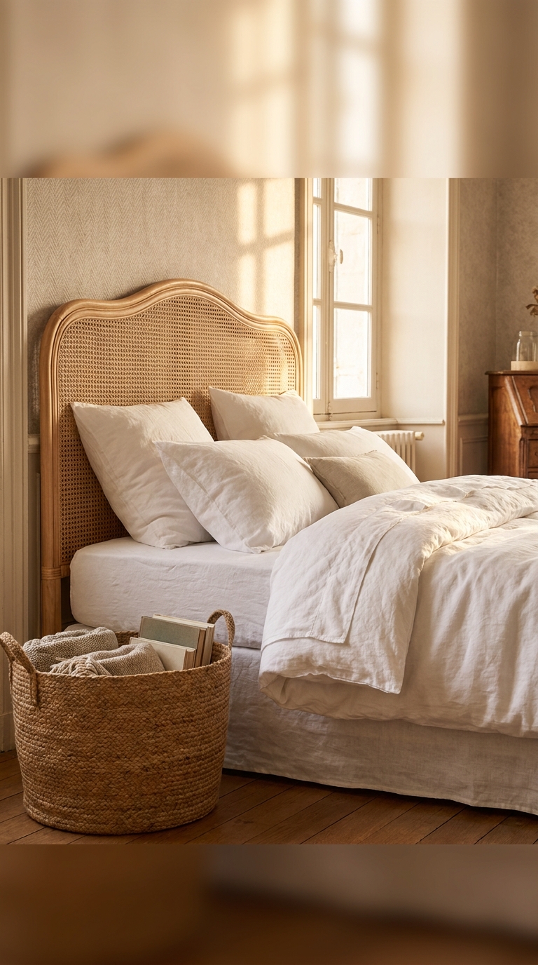 French country bedroom with a natural cane headboard