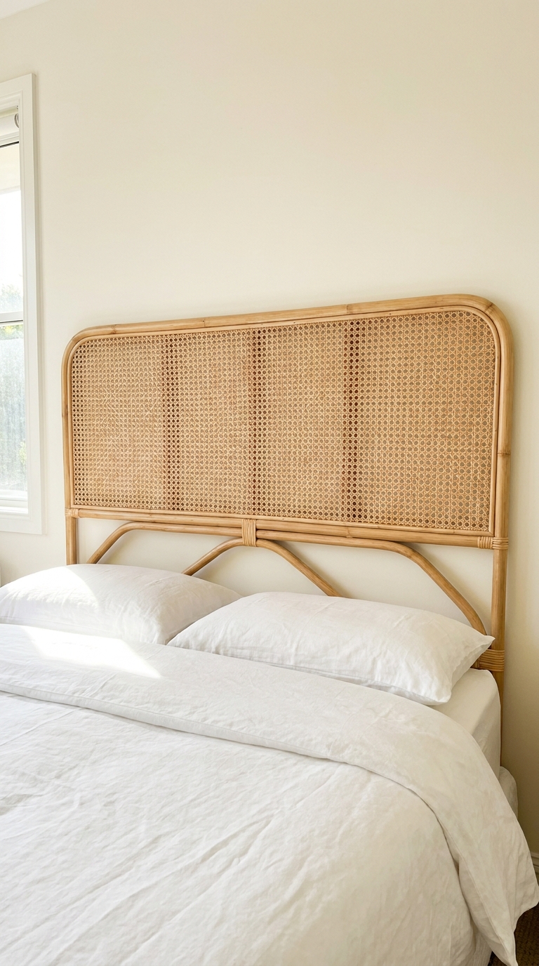 Woven cane headboard against a cream wall with simple white bedding