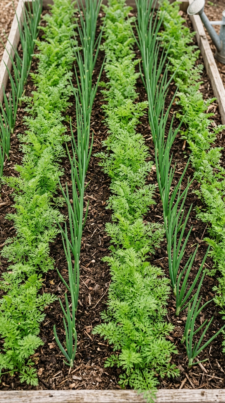 Carrots and onions planted together in alternating rows