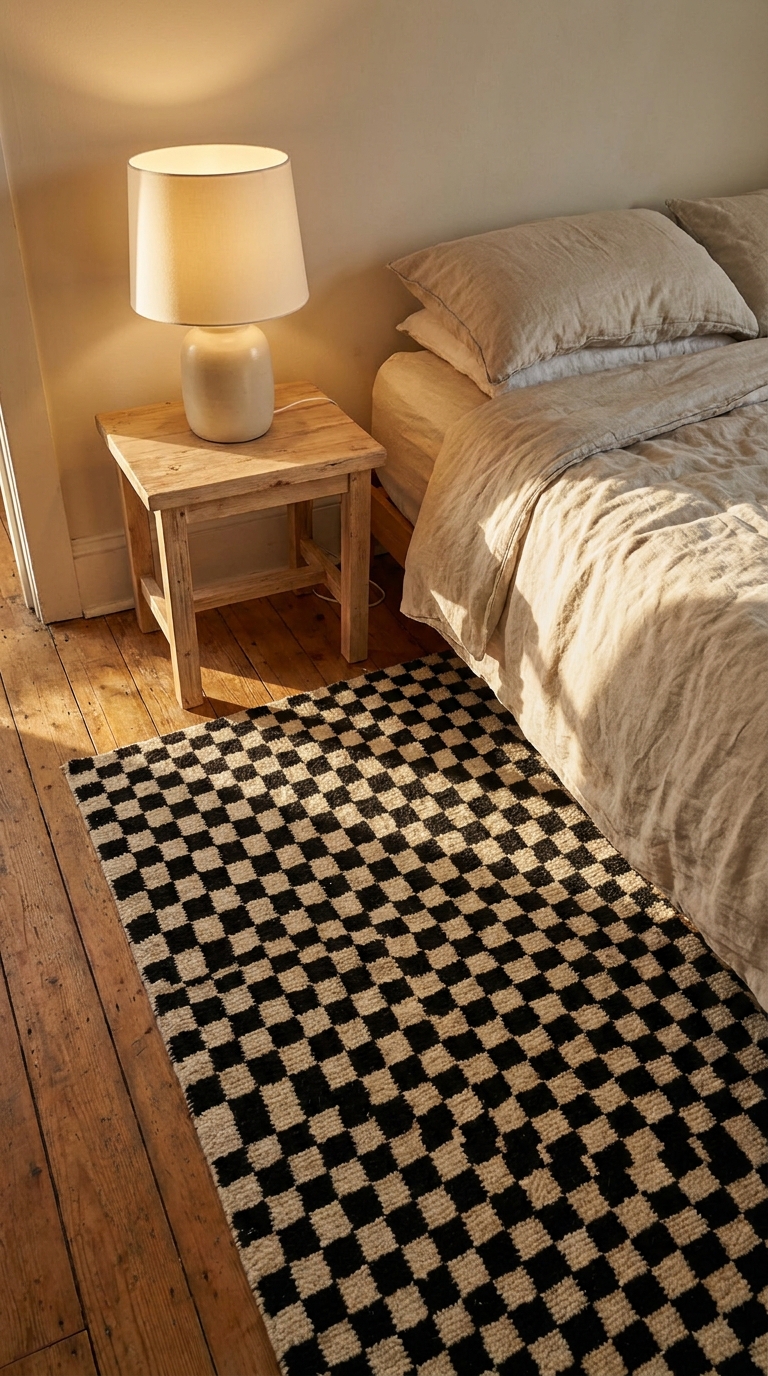 Small-scale checkerboard rug beside a bed with a wooden nightstand