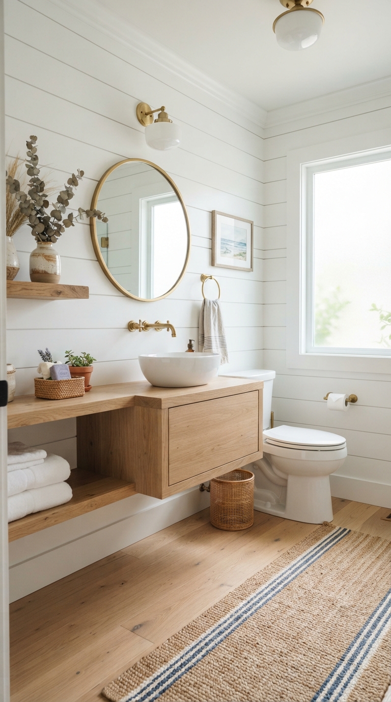 Coastal style half bathroom with light walls and brass accents