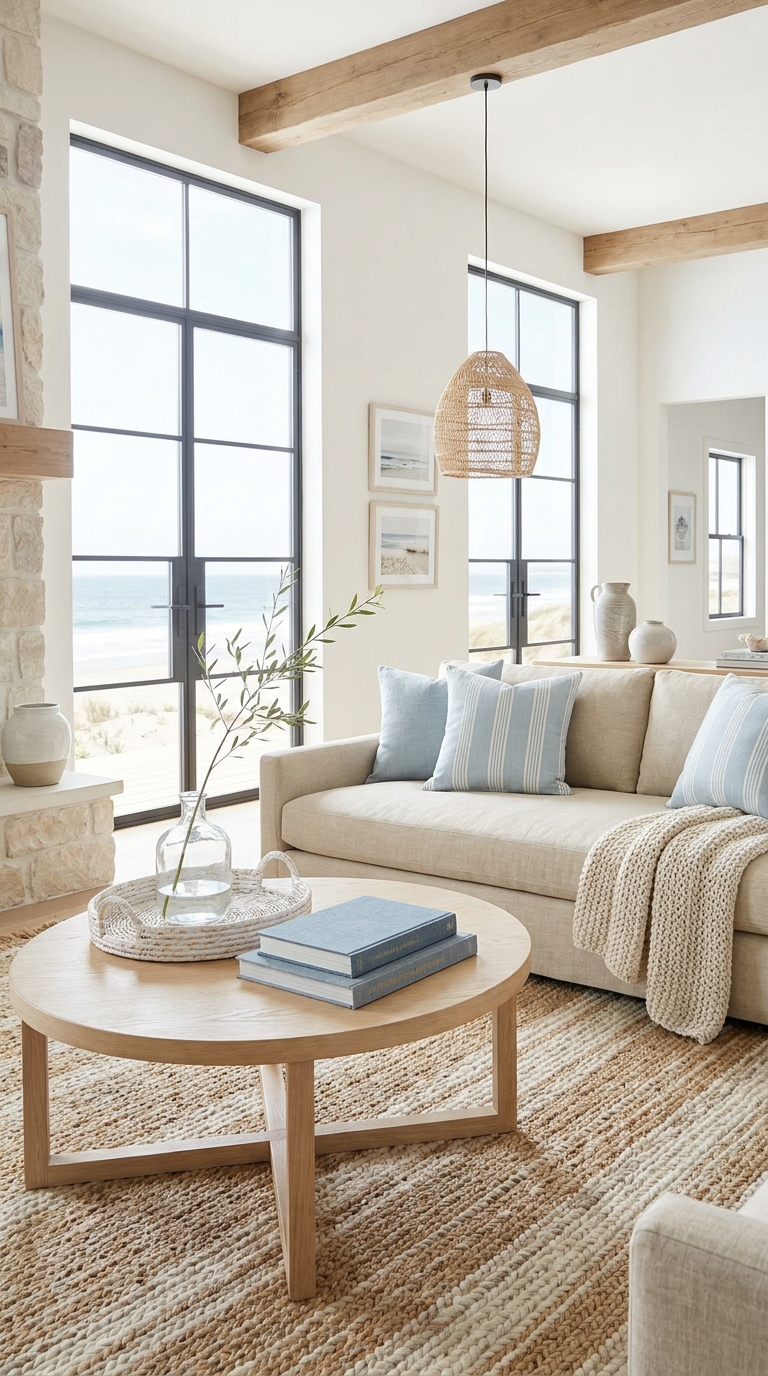 Light coastal coffee table with woven tray, glass vase, and soft blue books.