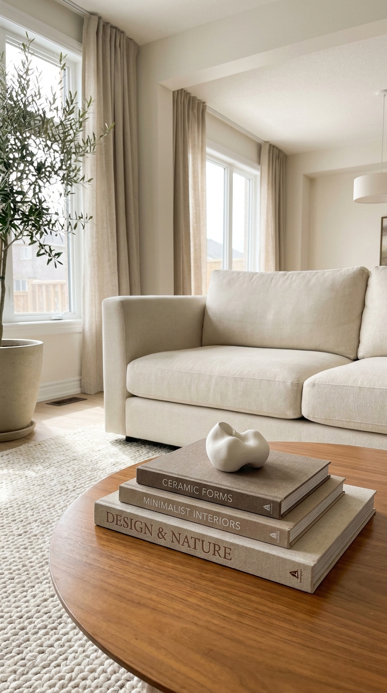 Coffee table with layered hardcover books topped by a small decorative object.