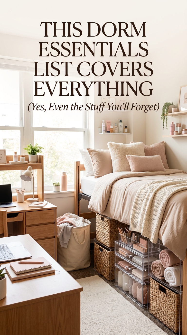 A collection of essential college dorm items including bedding, toiletries, storage containers, study supplies, towels, and everyday necessities.