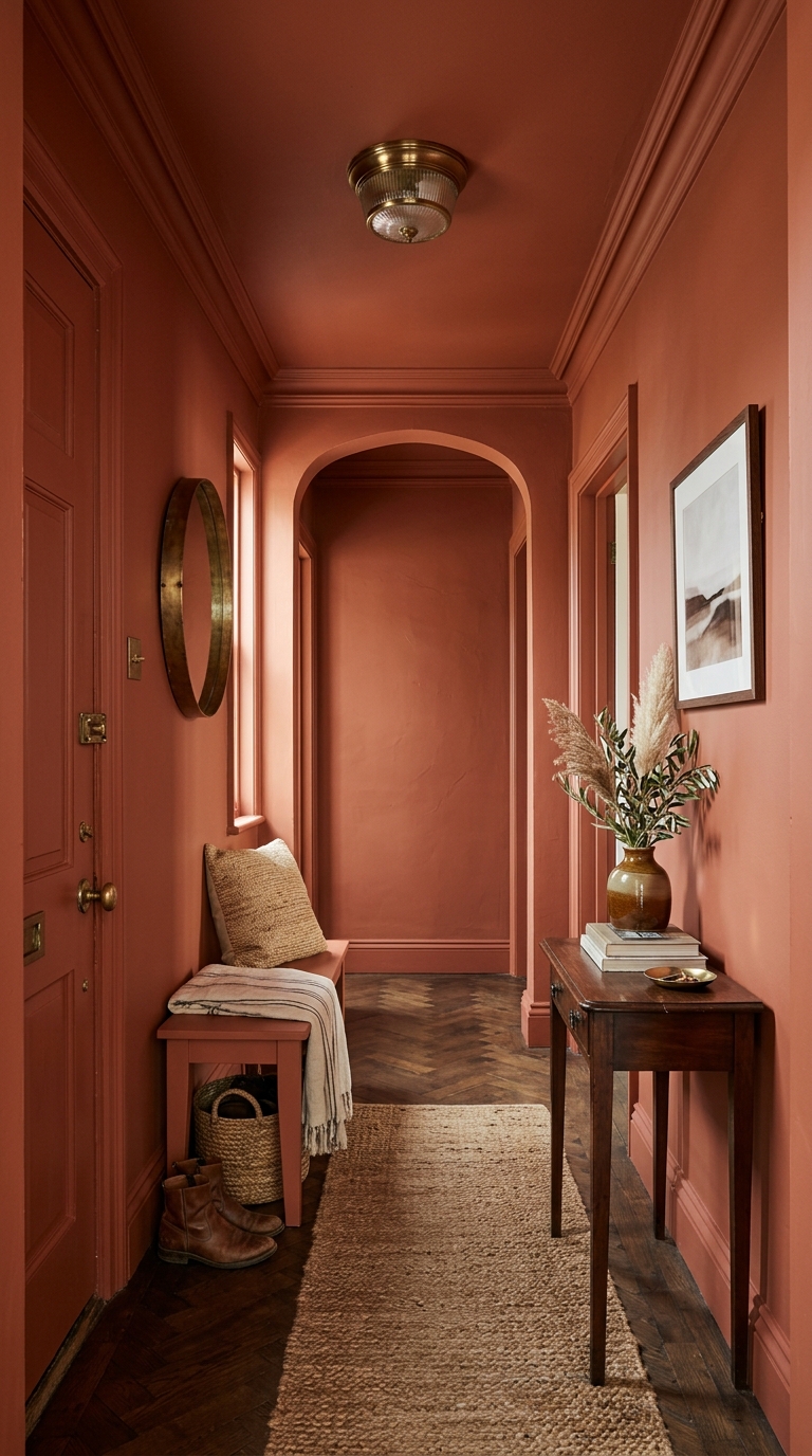 color-drenched terracotta walls and ceiling in a small entryway