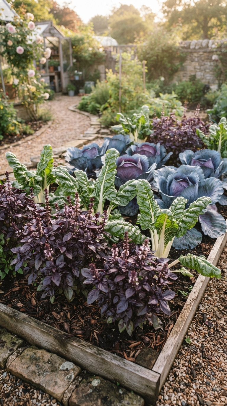 Color-themed vegetable bed featuring purple basil, silverbeet, and red cabbage