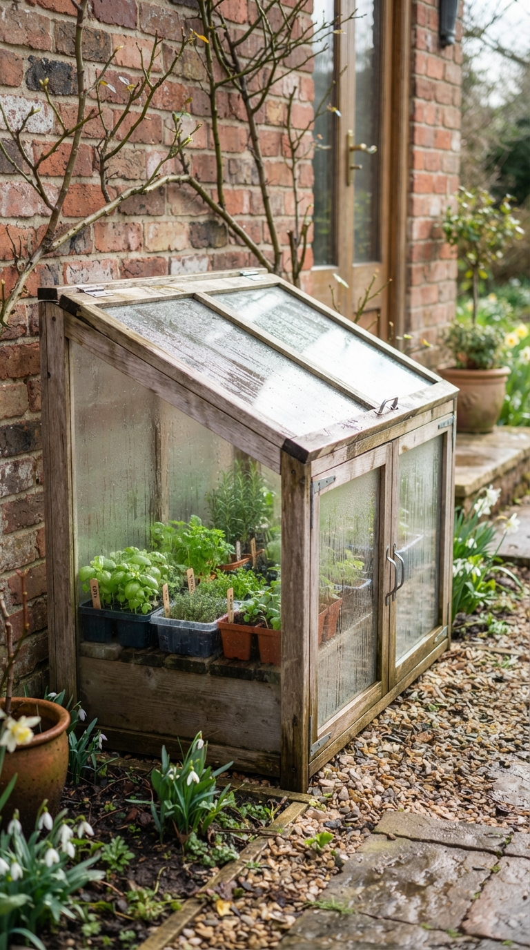 Compact cold frame greenhouse against a wall with herb seedling trays inside