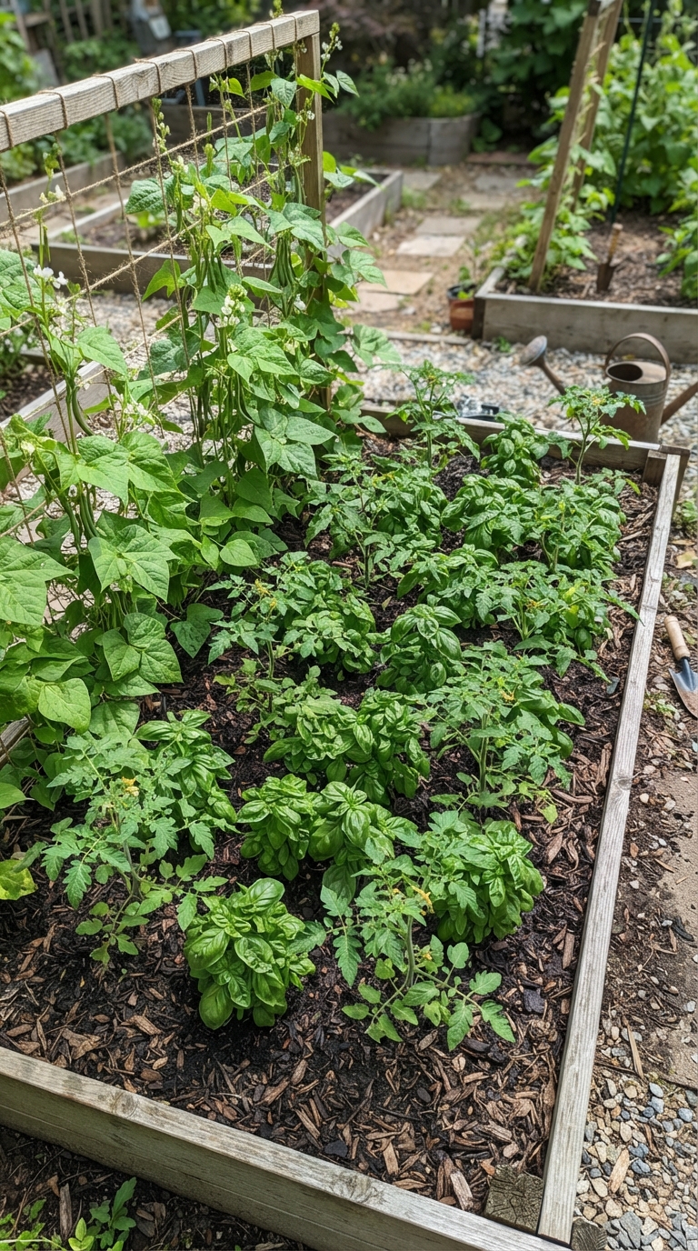 Companion planting layout with basil interplanted among tomato seedlings and a bean trellis