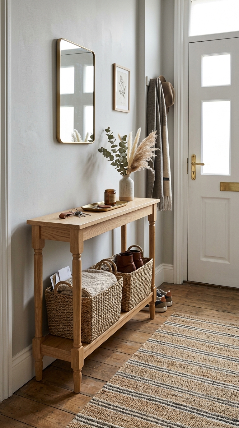 Console table with woven baskets for storage in a small entryway with no closet