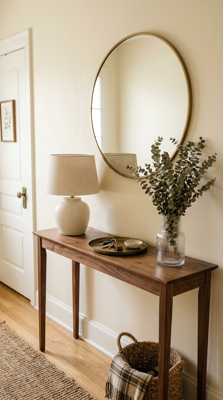 Walnut console table styled with a round mirror, lamp and tray in an entryway