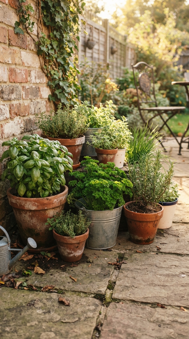 Terracotta and metal pots of basil, parsley, and rosemary on a sunny patio container kitchen garden