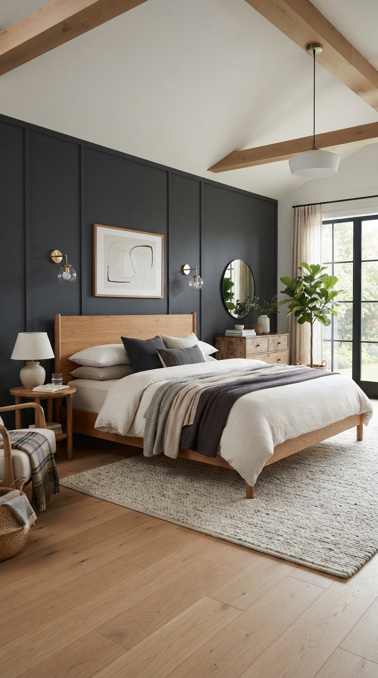 Contemporary bedroom with a warm charcoal feature wall and natural light