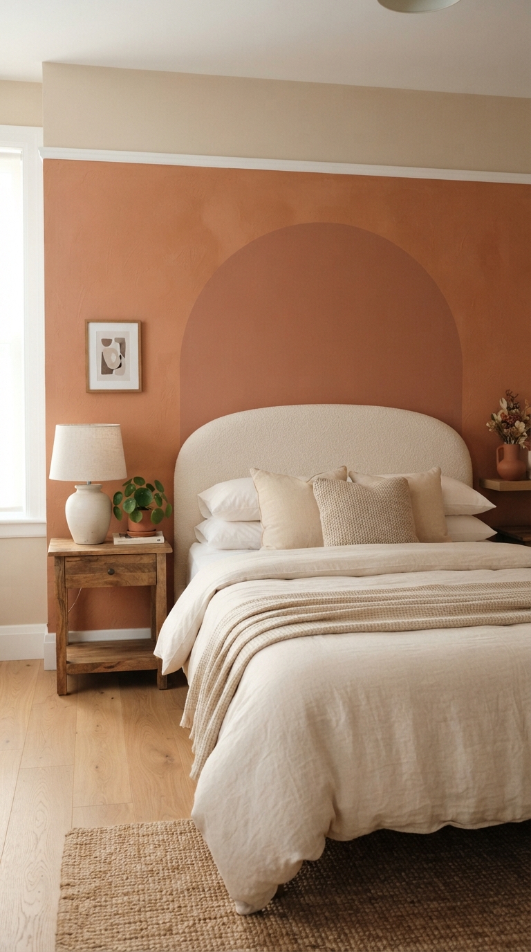 Contemporary bedroom with a soft clay color-blocked accent wall