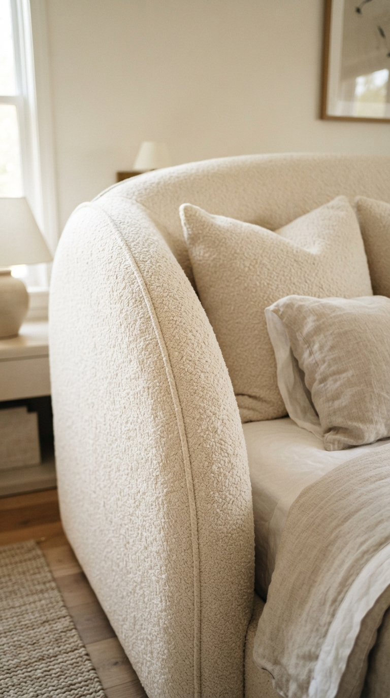 Curved upholstered headboard in bouclé fabric in a contemporary bedroomCurved upholstered headboard in bouclé fabric in a contemporary bedroom