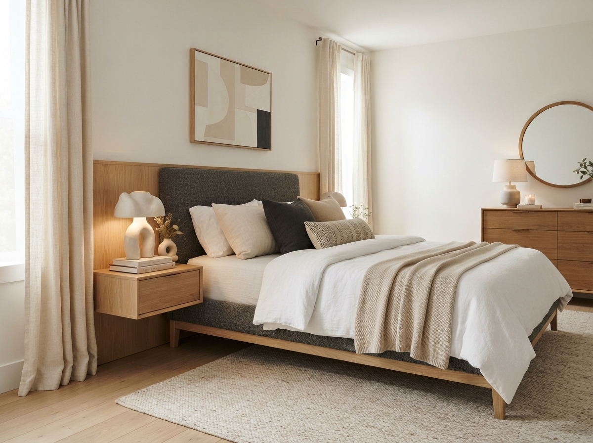 Modern contemporary bedroom with neutral decor and wood accents