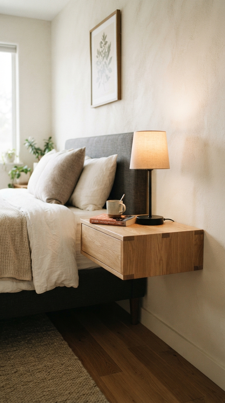 Floating wall-mounted nightstand in a small contemporary bedroom