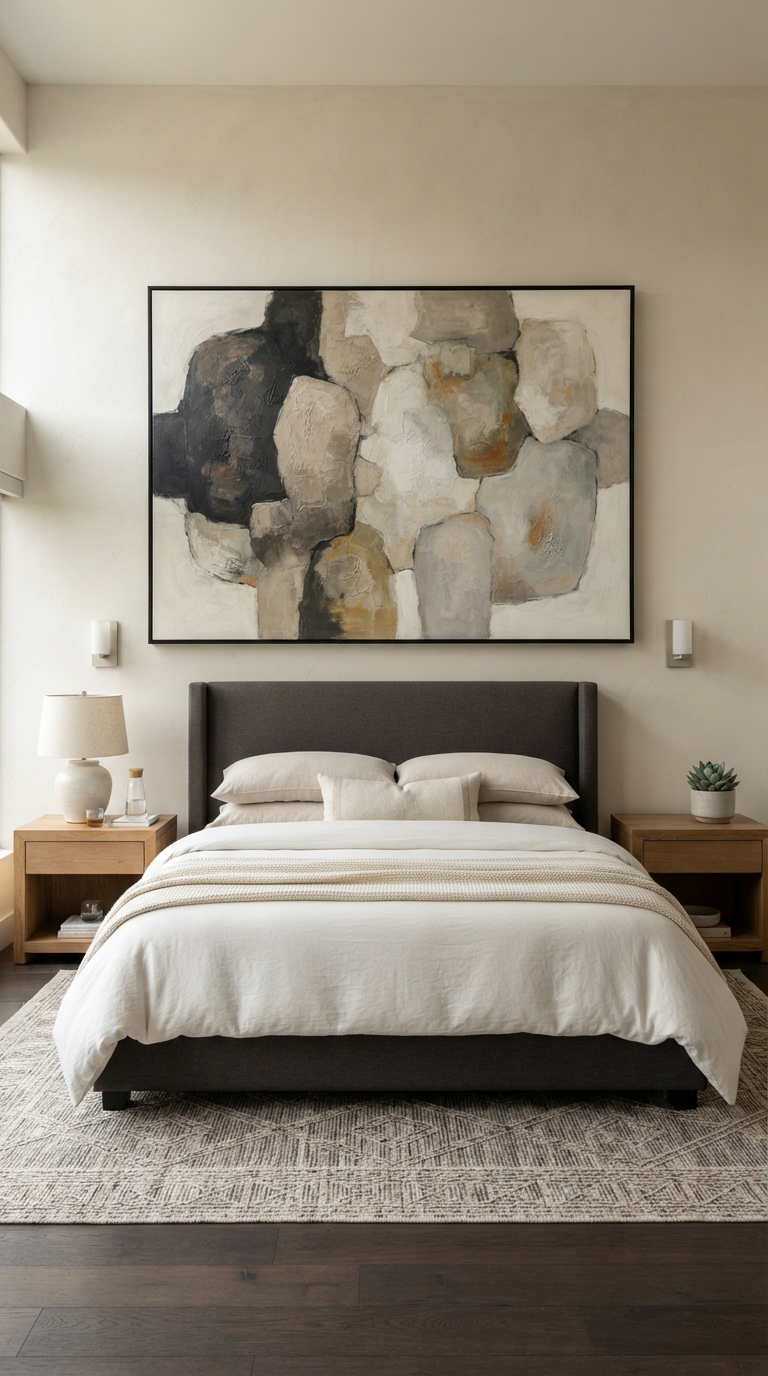 Large-scale art focal point above a contemporary bedroom bed
