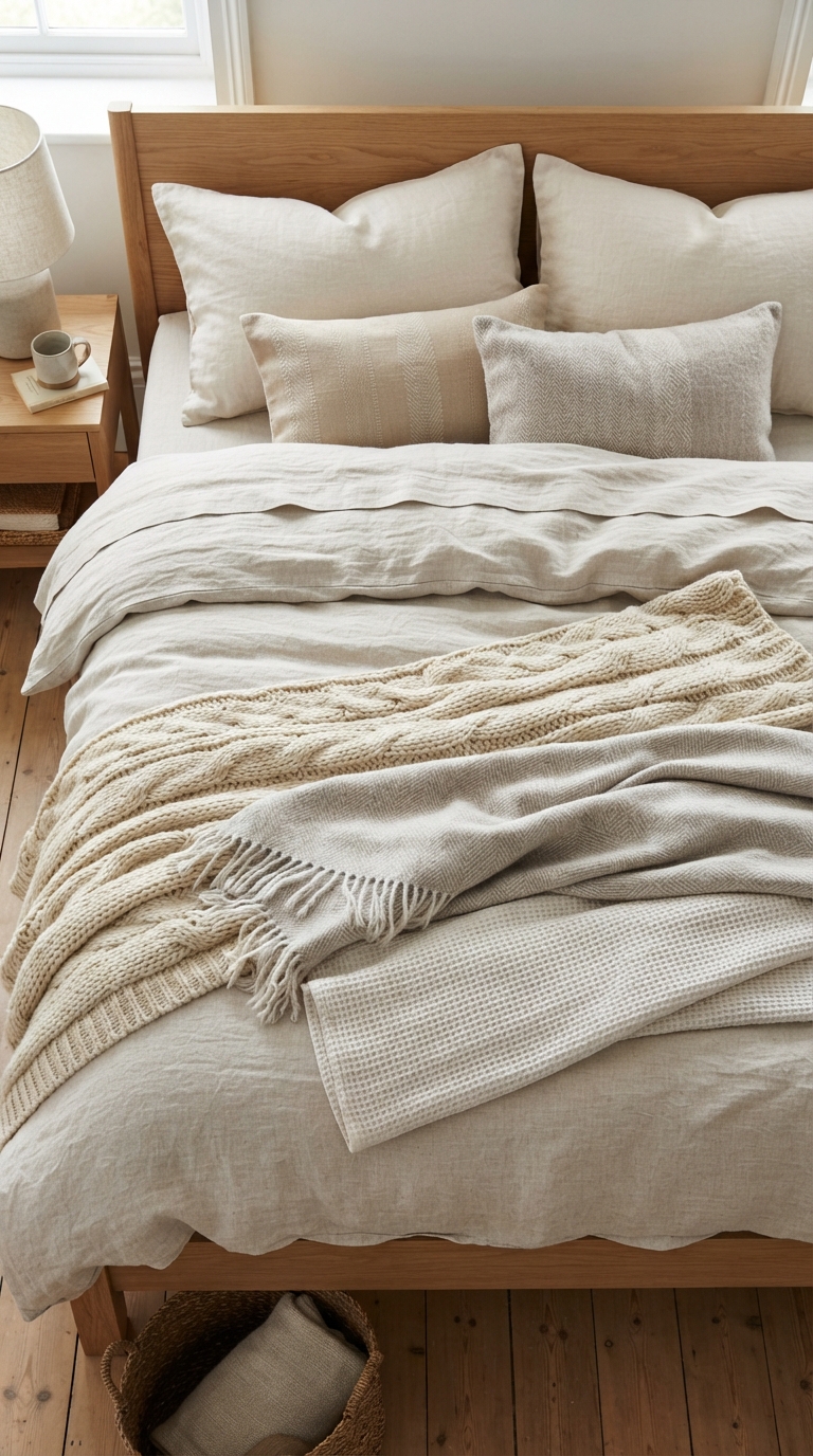 Layered neutral bedding textures in a contemporary bedroom