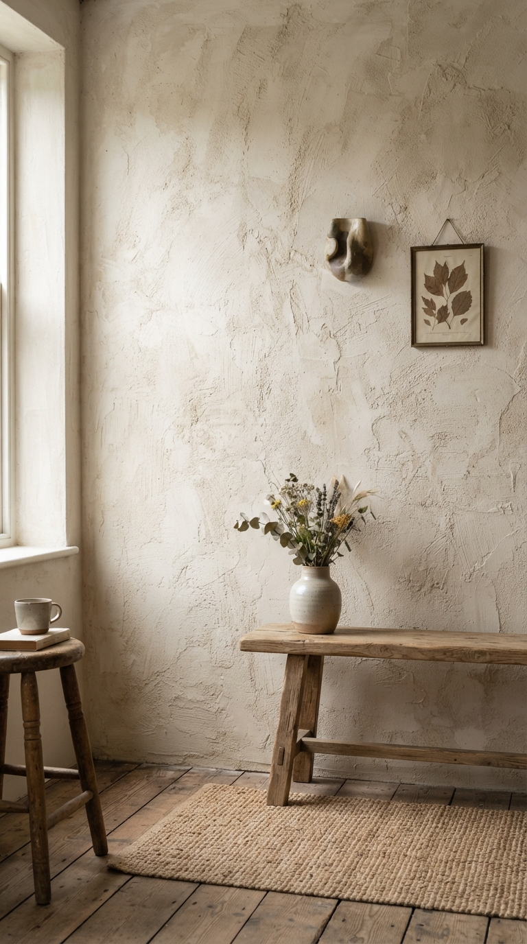 Contemporary bedroom with a hand-textured lime-wash plaster accent wall
