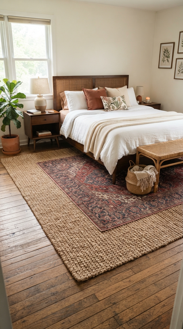 Natural fiber jute rug layered in a contemporary bedroom