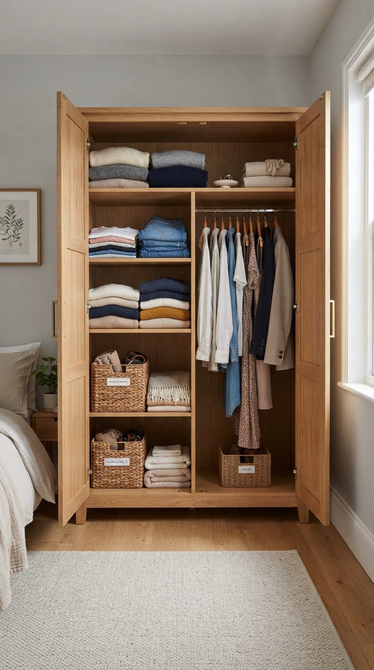 Styled open wardrobe in a contemporary bedroom