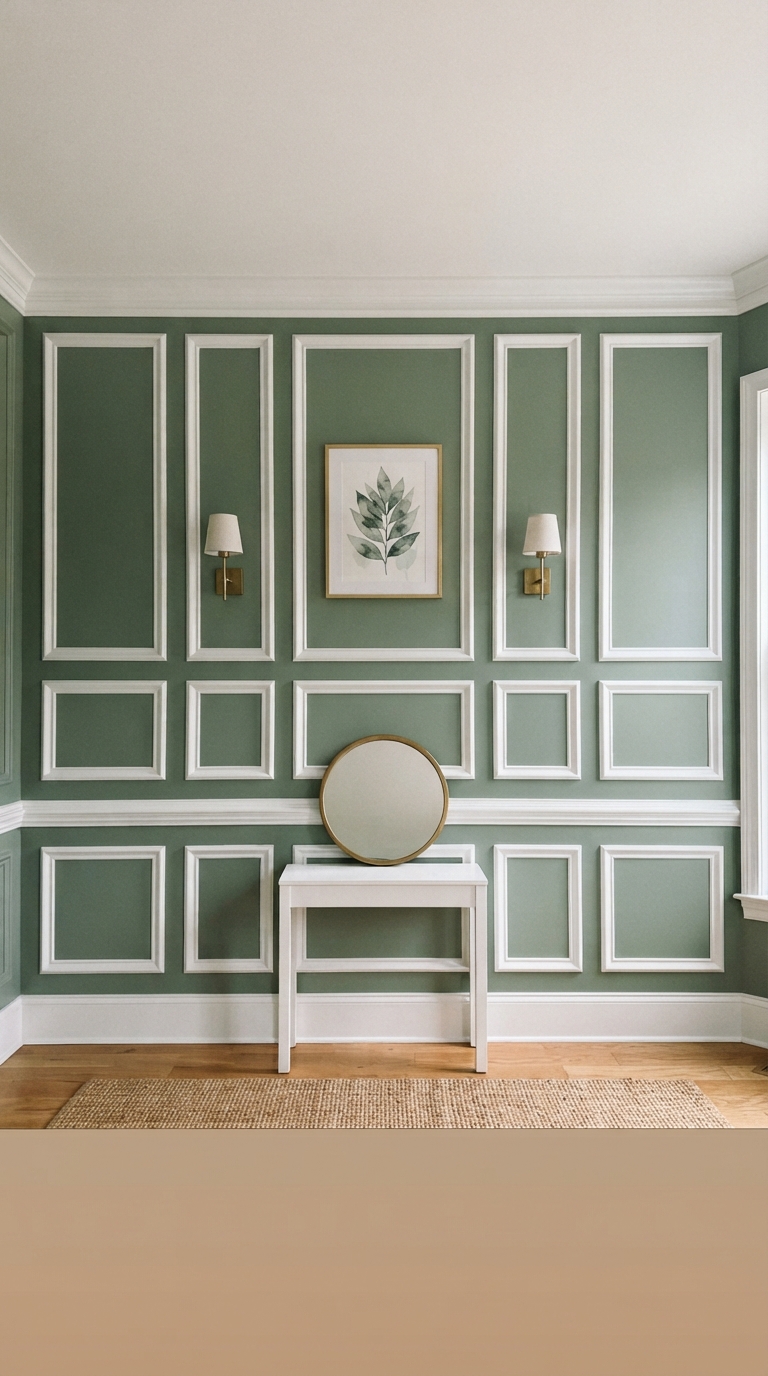 Contemporary bedroom with sage green wall paneling and wood molding detail