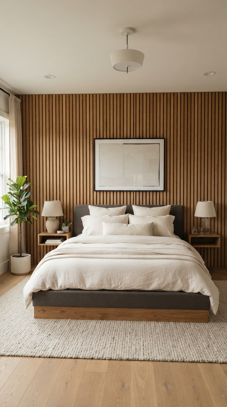 Contemporary bedroom with a warm wood slat accent wall behind a low platform bed