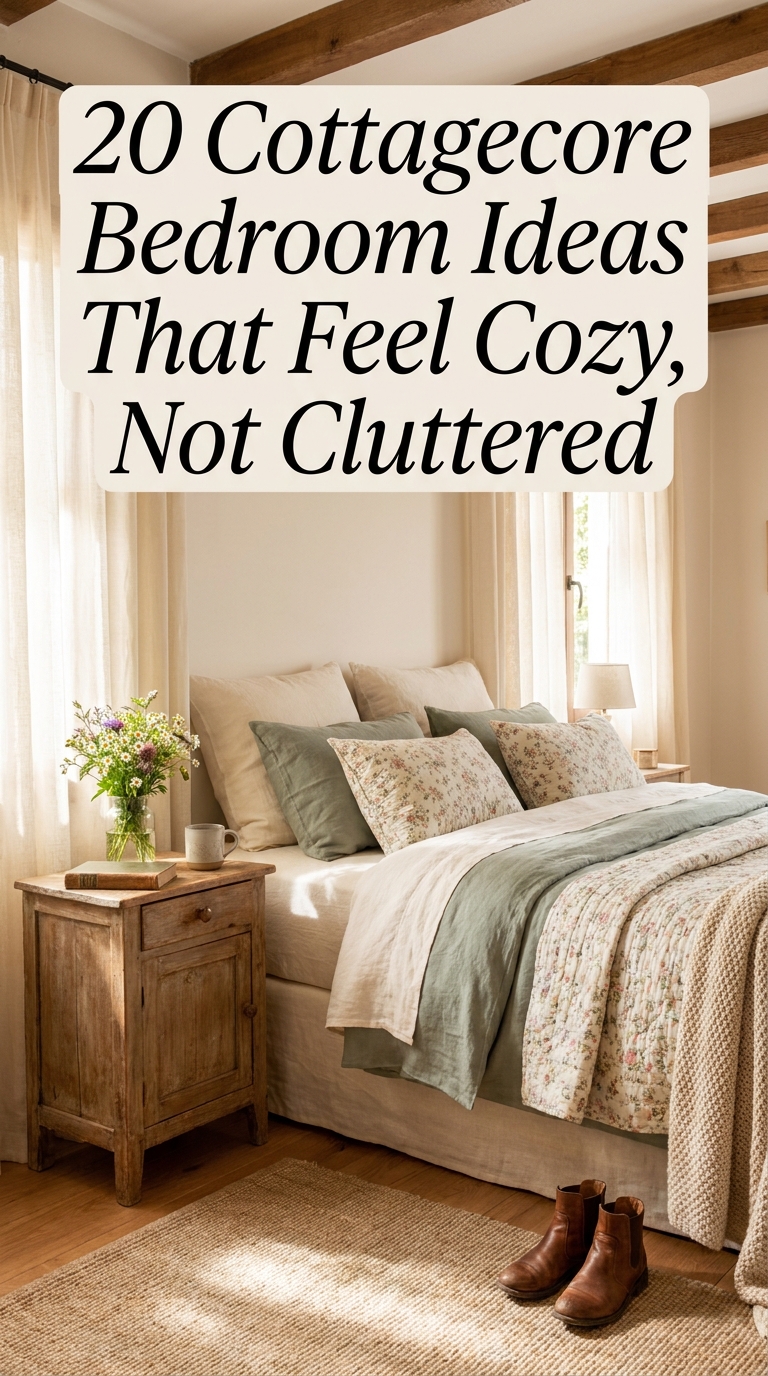 A cozy and uncluttered cottagecore bedroom with soft linen bedding, vintage furniture, wildflowers, warm natural light, and charming rustic decor.