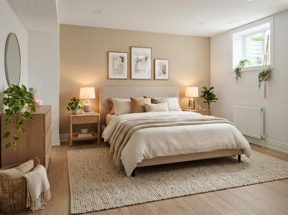 Cozy modern basement bedroom with beige bedding and natural light