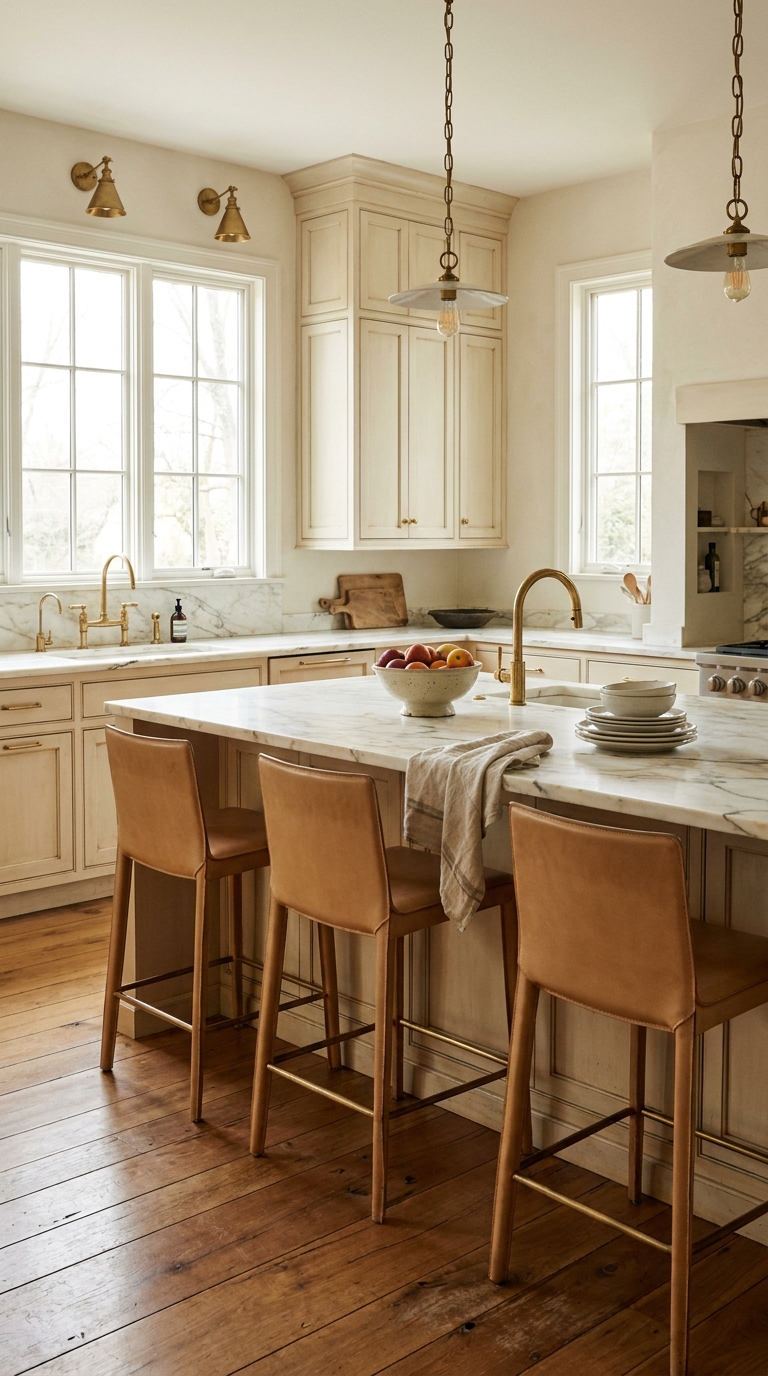 Elegant Italian kitchen with cream cabinets, marble island, tan leather stools, and warm natural textures.