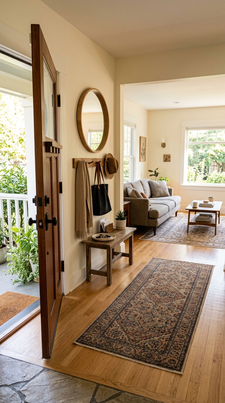Wall decor creating a defined entryway zone in a home with no foyer