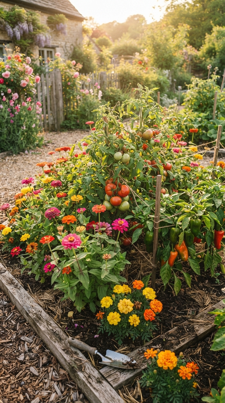 Garden bed combining colorful flowers with tomato and pepper plants