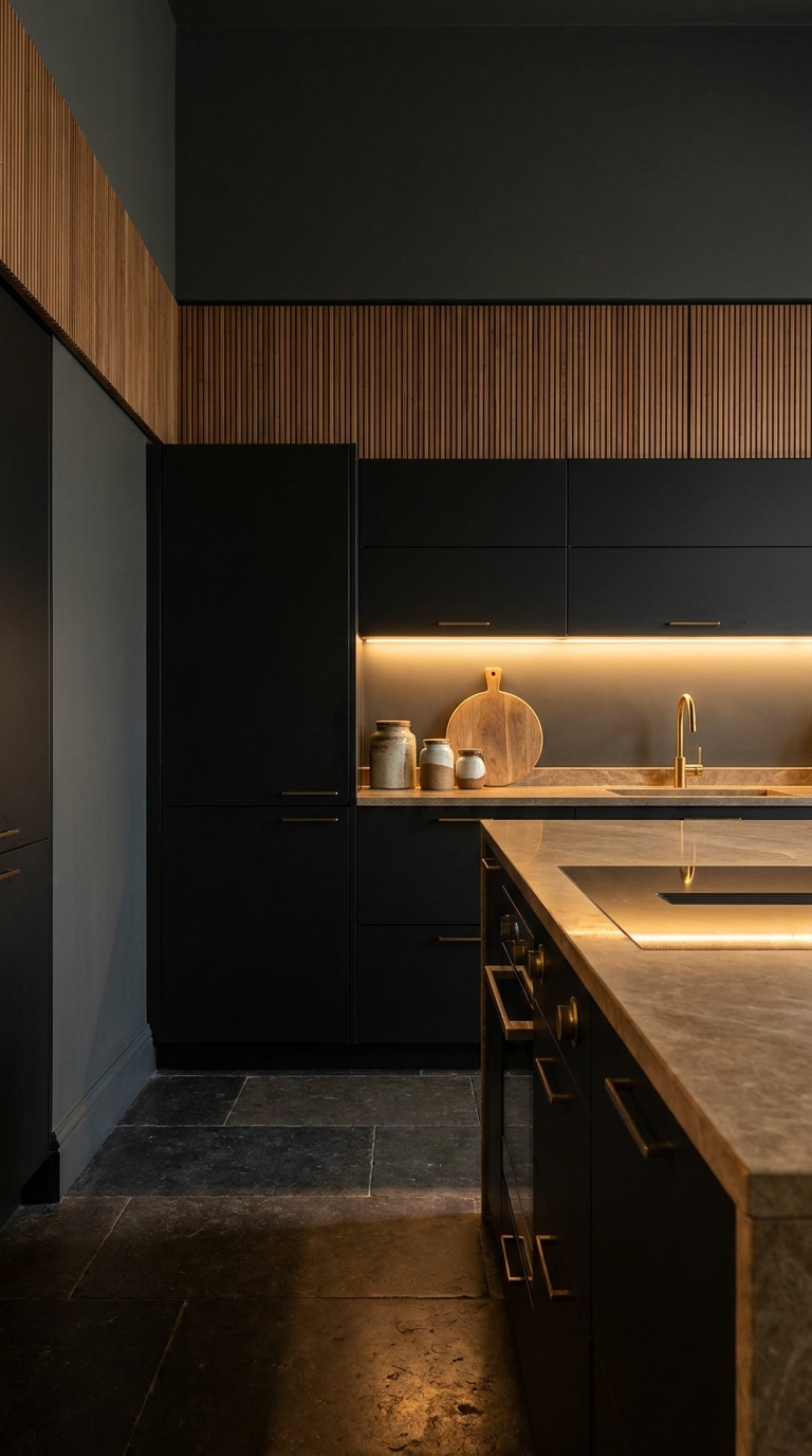 Dark dramatic Italian kitchen with black cabinetry, vertical wood details, warm lighting, and natural textures