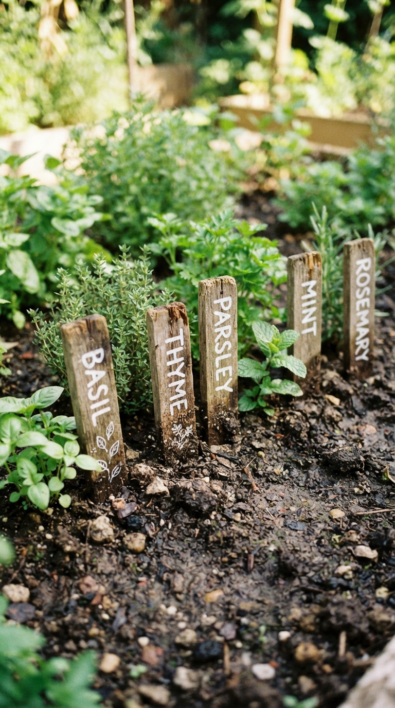 Hand-painted wooden plant labels next to young herb seedlings in a garden bed