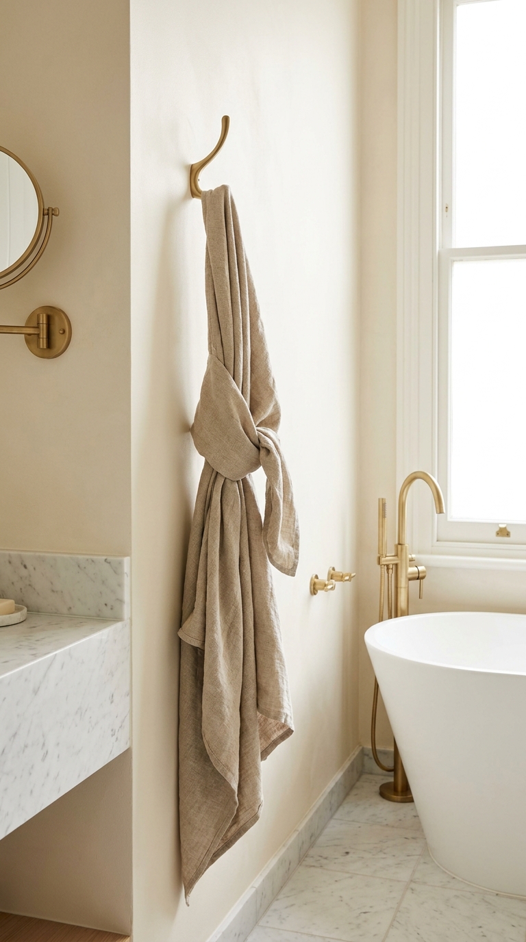 Loosely knotted beige towel hanging from a brass bathroom hook